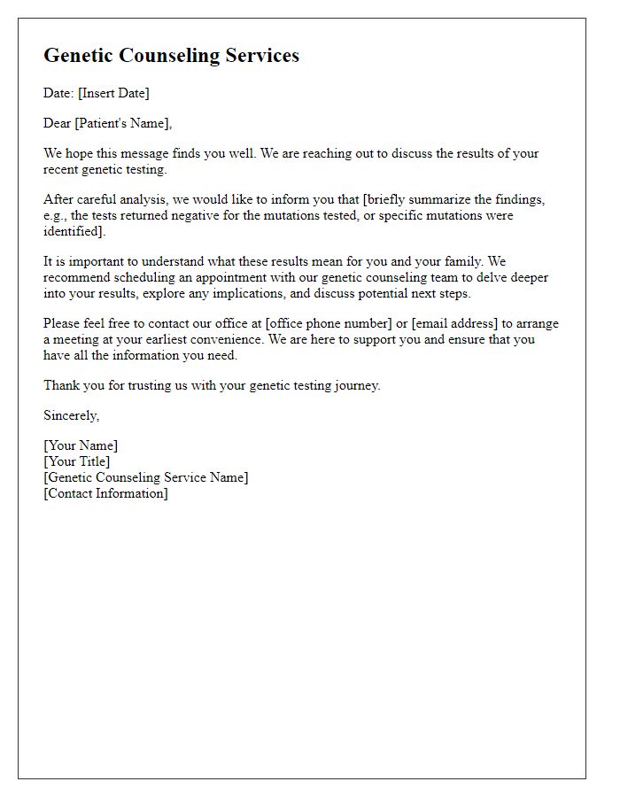 Letter template of genetic counseling services for discussing testing results.