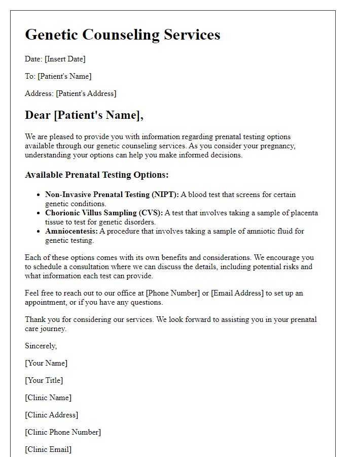 Letter template of genetic counseling services for prenatal testing options.