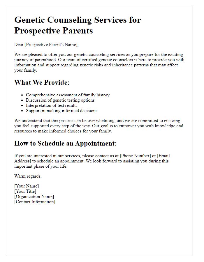 Letter template of genetic counseling services for prospective parents.