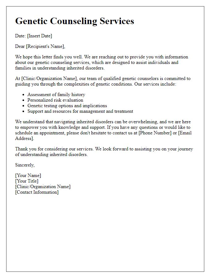 Letter template of genetic counseling services for understanding inherited disorders.