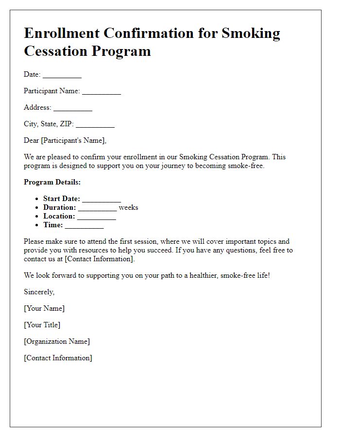 Letter template of enrollment for a smoking cessation program.