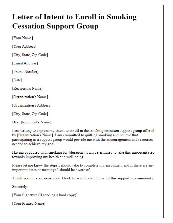 Letter template of intent to enroll in a smoking cessation support group.