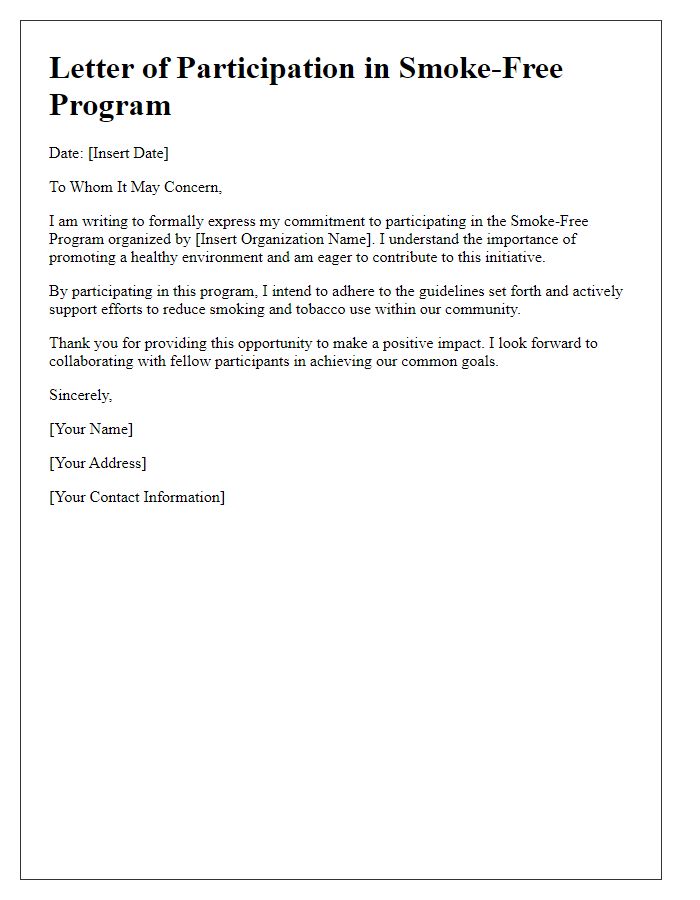 Letter template of participation in a smoke-free program.