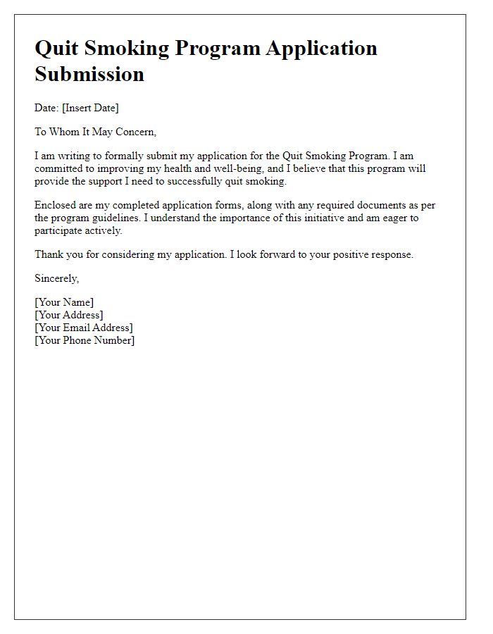 Letter template of submission for a quit smoking program application.