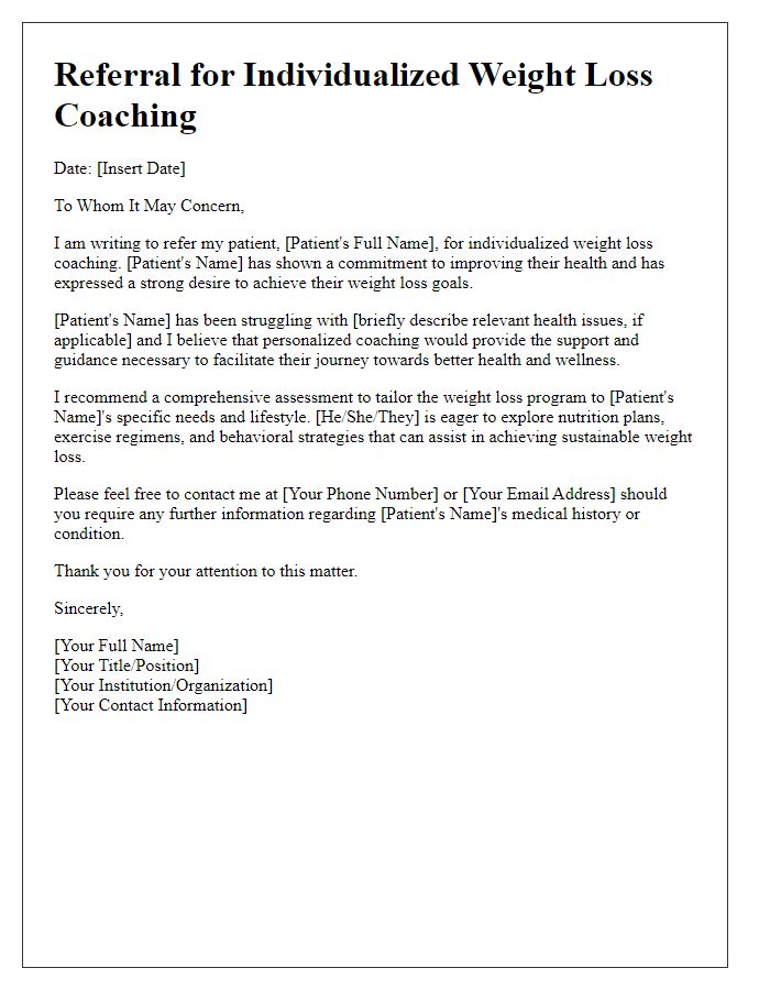 Letter template of referral for individualized weight loss coaching.