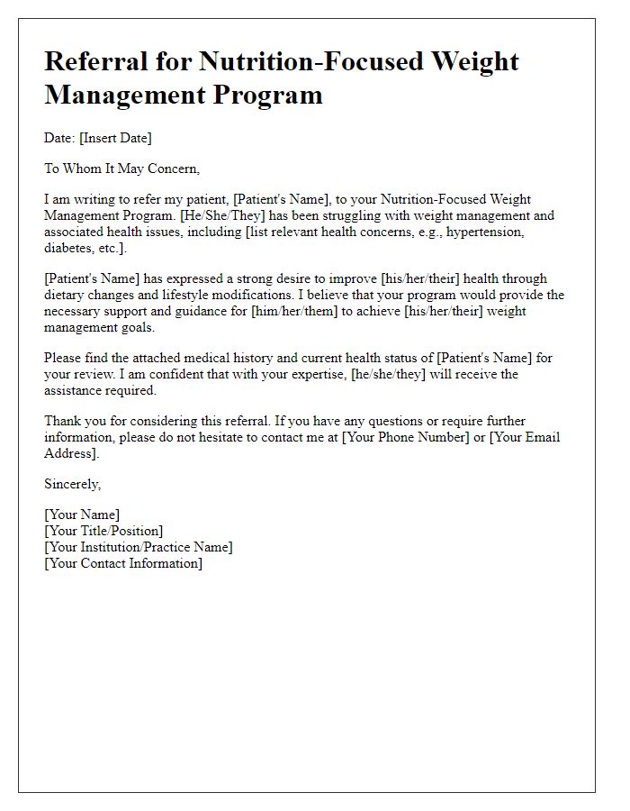 Letter template of referral for a nutrition-focused weight management program.