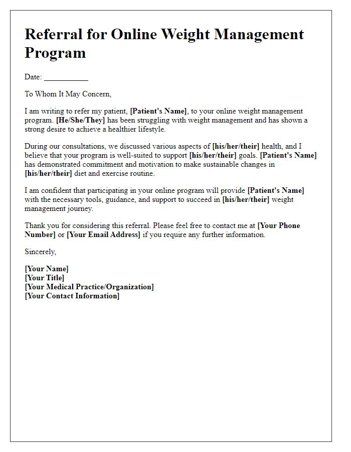 Letter template of referral for an online weight management program.