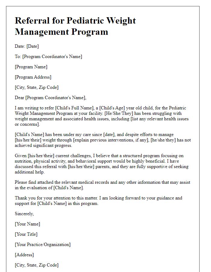 Letter template of referral for a pediatric weight management program.