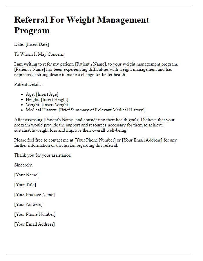 Letter template of referral for a weight management program for adults.