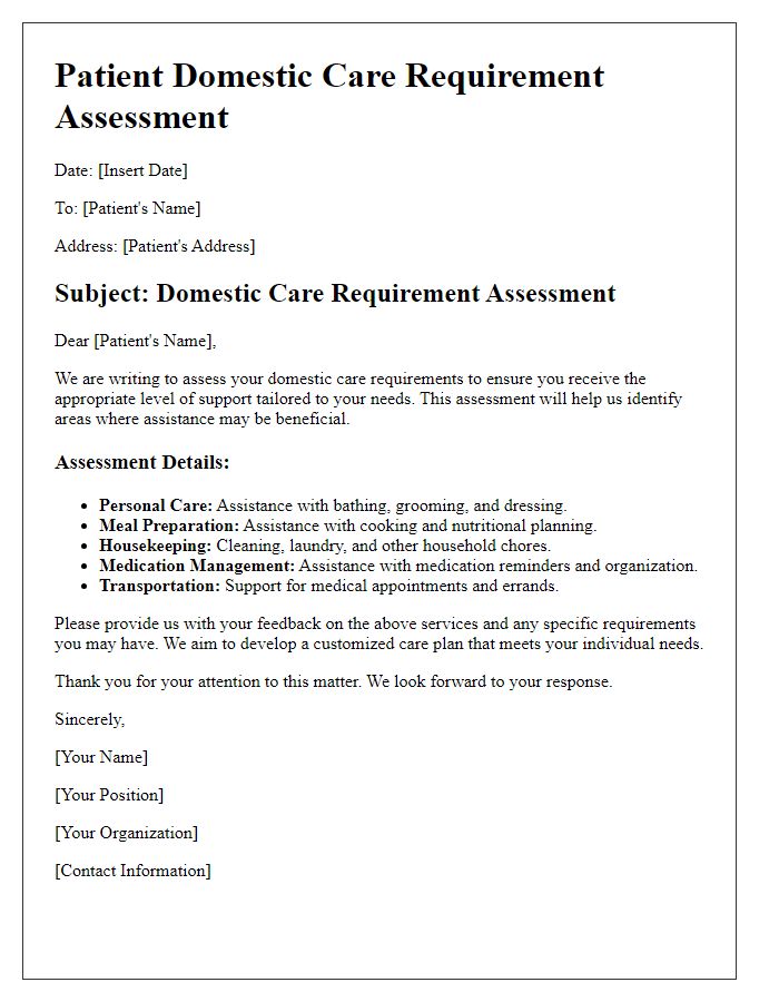 Letter template of patient domestic care requirement assessment