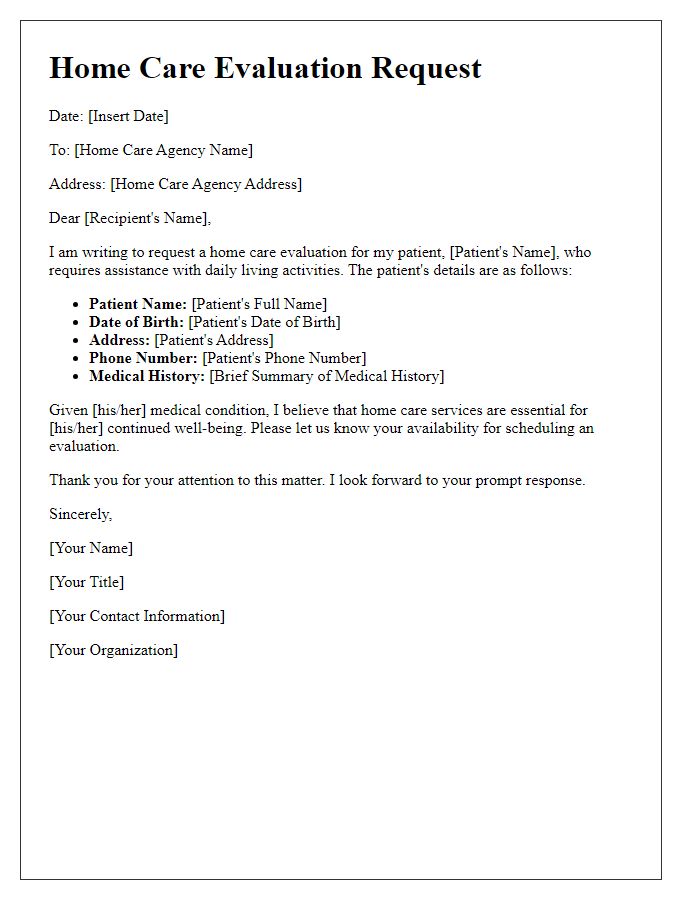 Letter template of patient home care evaluation request