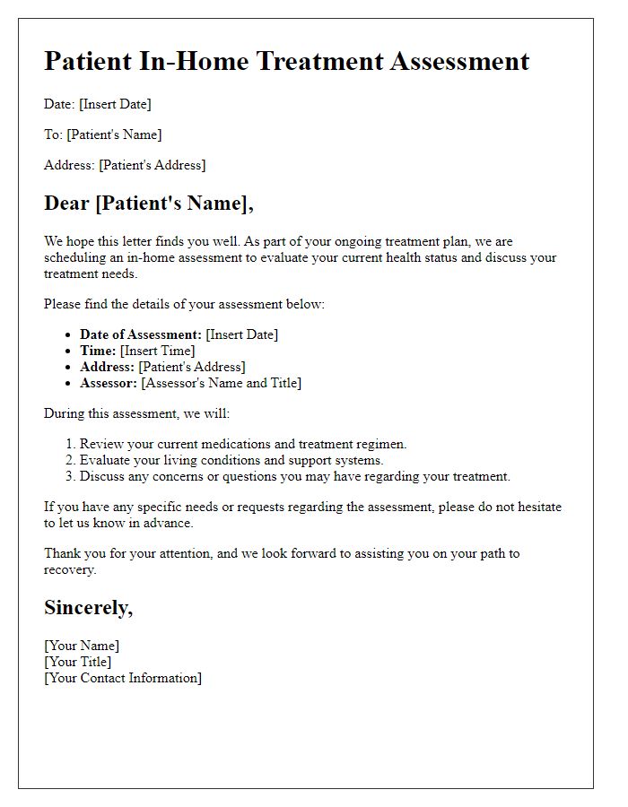 Letter template of patient in-home treatment assessment