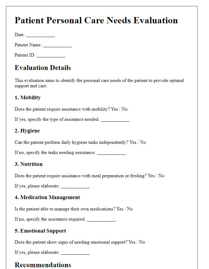 Letter template of patient personal care needs evaluation