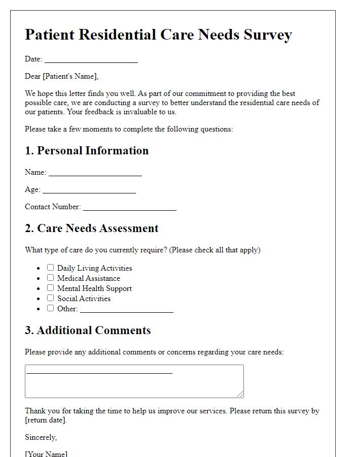 Letter template of patient residential care needs survey