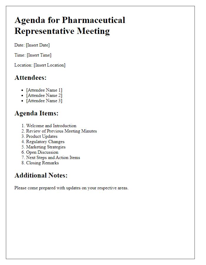 Letter template of agenda outline for pharmaceutical representative meeting