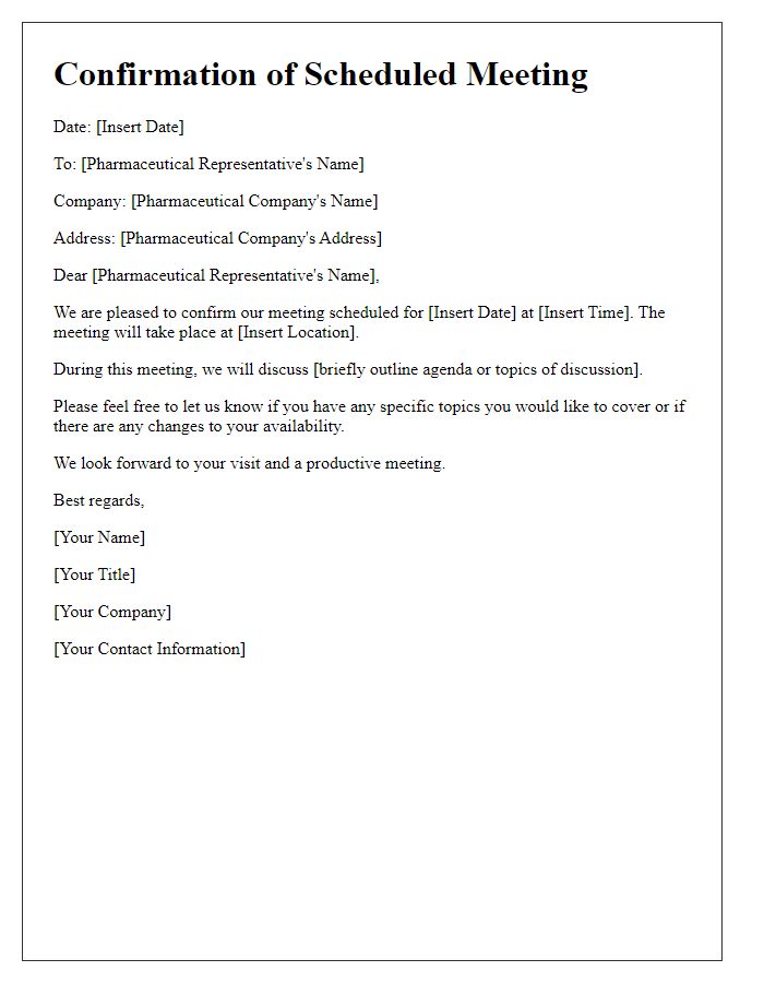 Letter template of confirmation for a scheduled pharmaceutical representative meeting