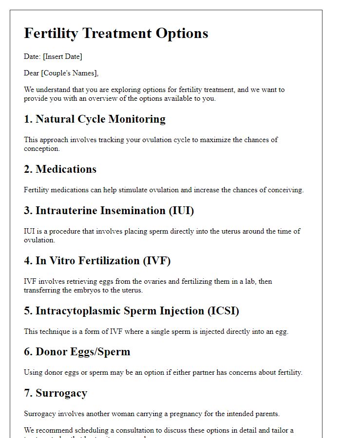 Letter template of fertility treatment options for couples.