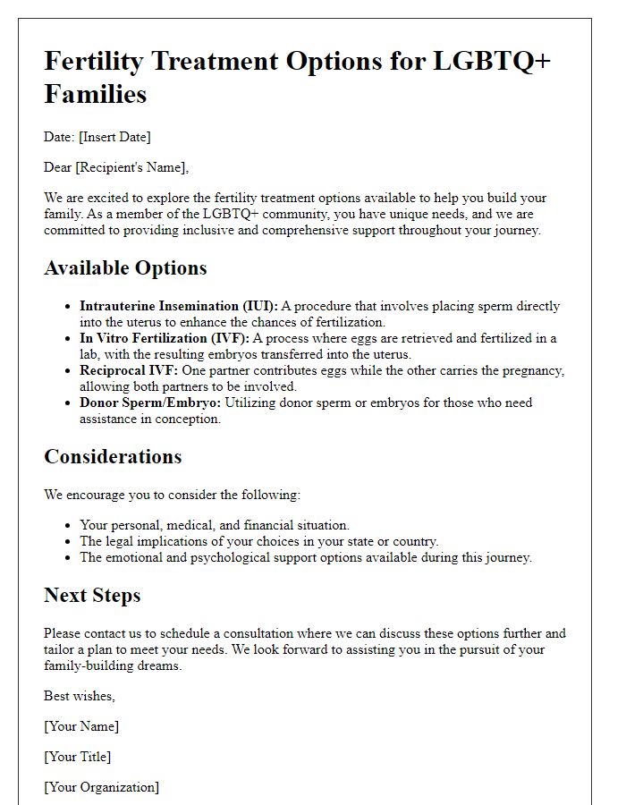 Letter template of fertility treatment options for LGBTQ+ families.