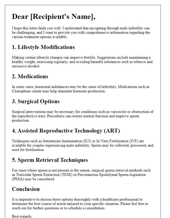 Letter template of fertility treatment options for male infertility.