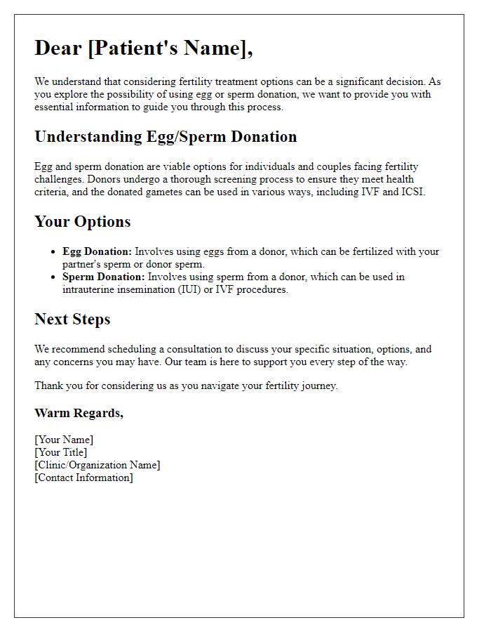 Letter template of fertility treatment options for patients considering egg/sperm donation.