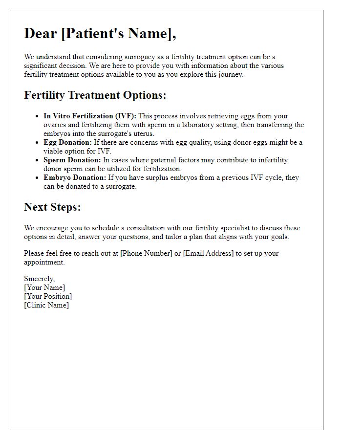 Letter template of fertility treatment options for patients exploring surrogacy.