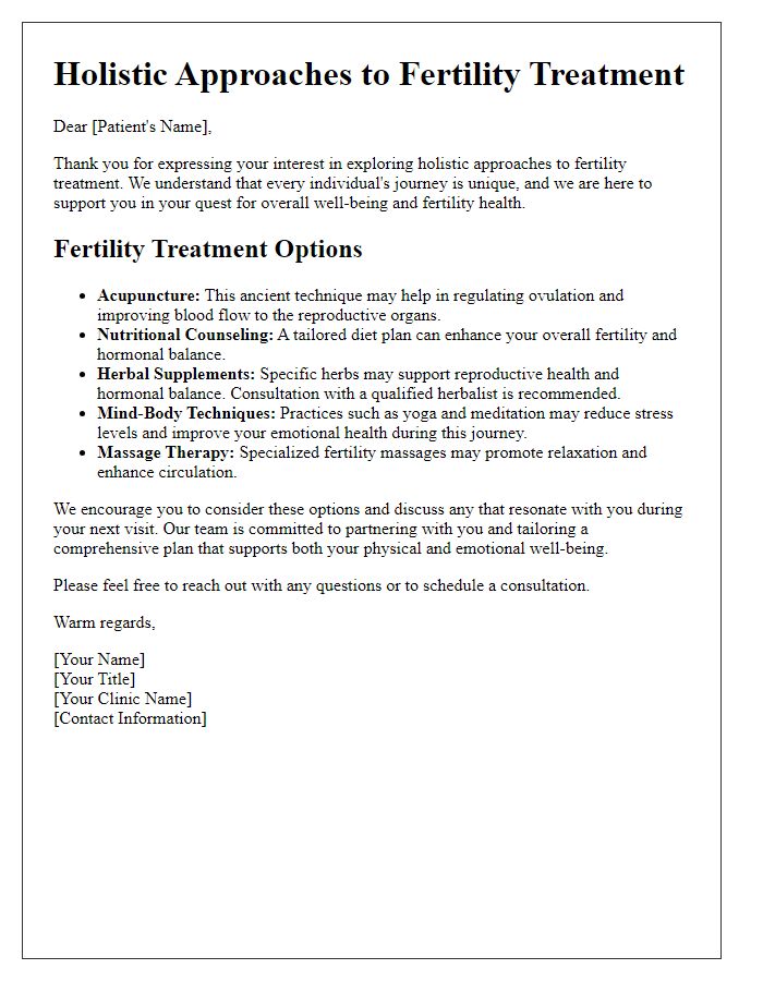 Letter template of fertility treatment options for patients interested in holistic approaches.