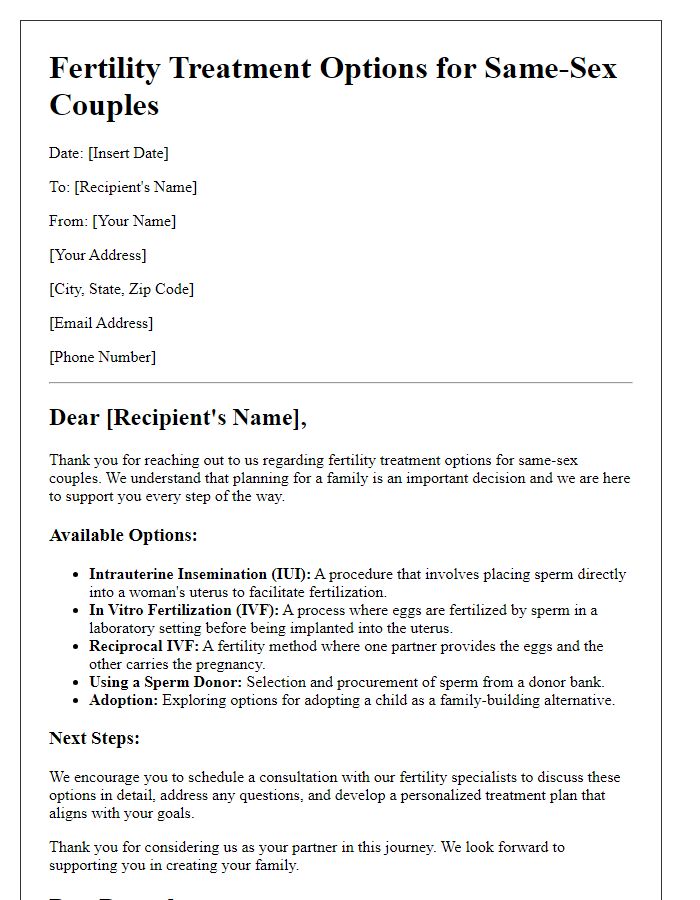 Letter template of fertility treatment options for same-sex couples.