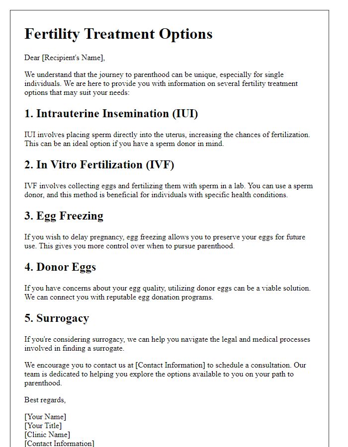 Letter template of fertility treatment options for single individuals.