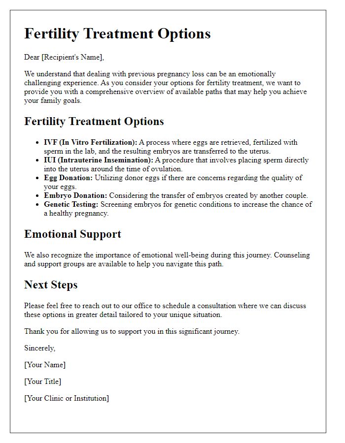 Letter template of fertility treatment options for those with previous pregnancy loss.