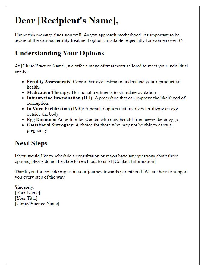 Letter template of fertility treatment options for women over 35.