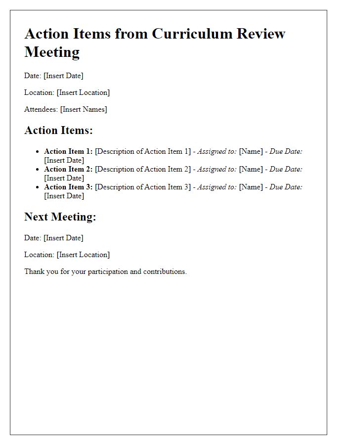 Letter template of action items from curriculum review meeting