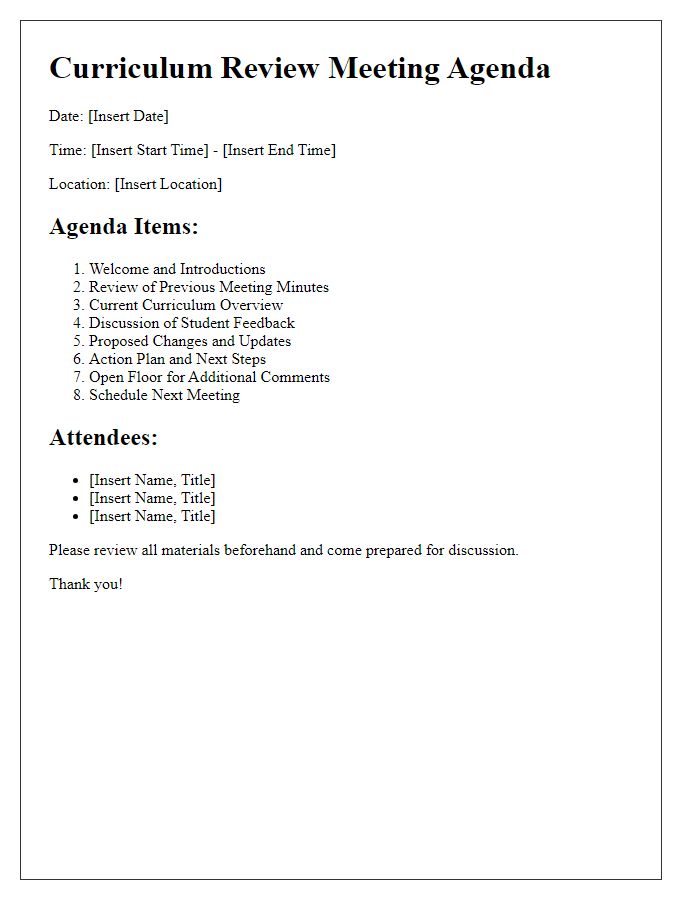 Letter template of agenda for curriculum review meeting