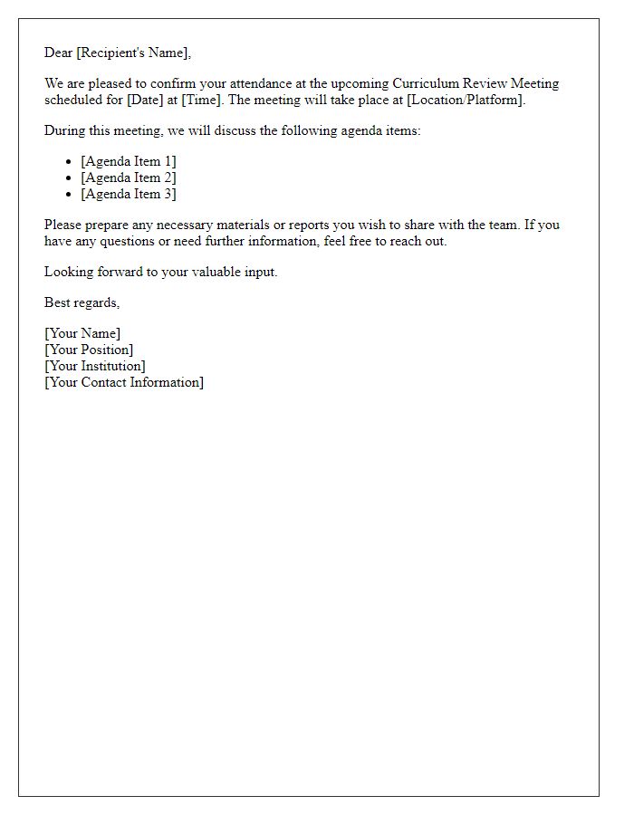 Letter template of confirmation for curriculum review meeting attendance