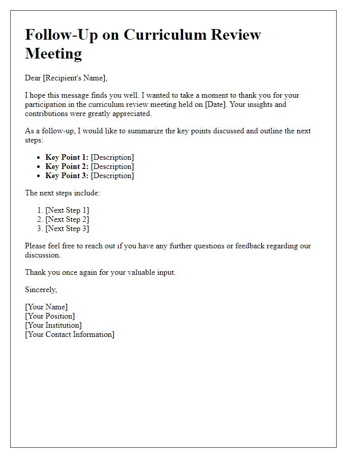 Letter template of follow-up on curriculum review meeting