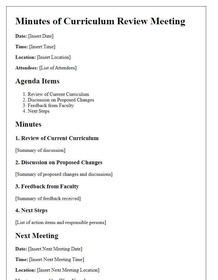 Letter template of minutes from curriculum review meeting