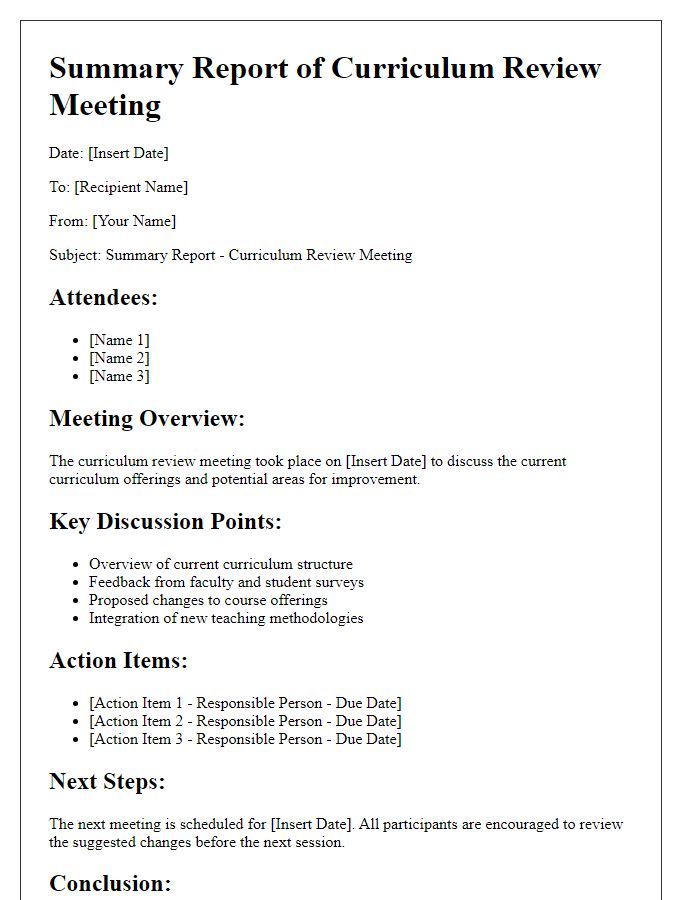 Letter template of summary report for curriculum review meeting