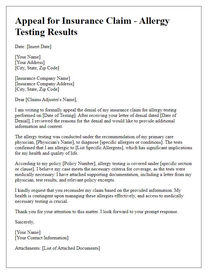 Letter template of allergy testing result appeal for insurance claims