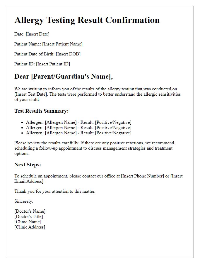 Letter template of allergy testing result confirmation for pediatric patients