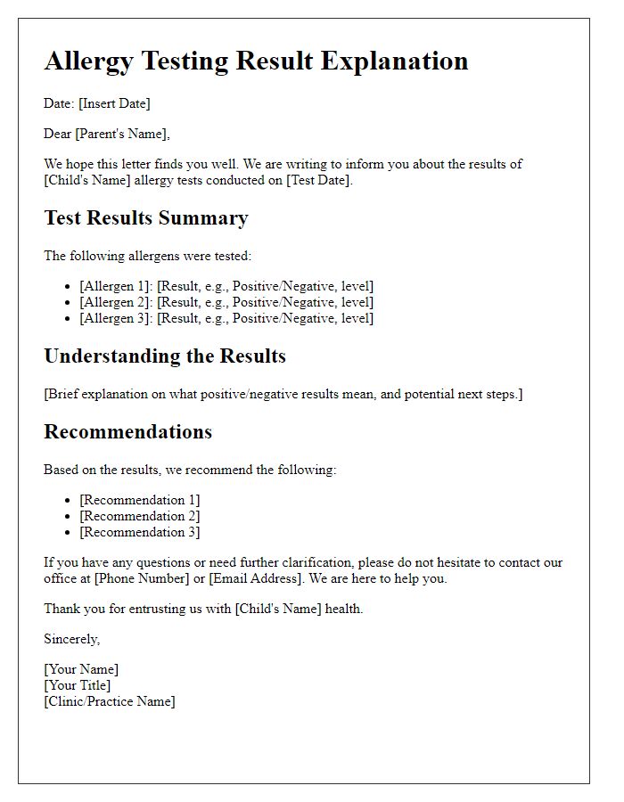 Letter template of allergy testing result explanation for parents