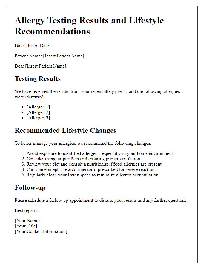 Letter template of allergy testing result guidance for lifestyle changes