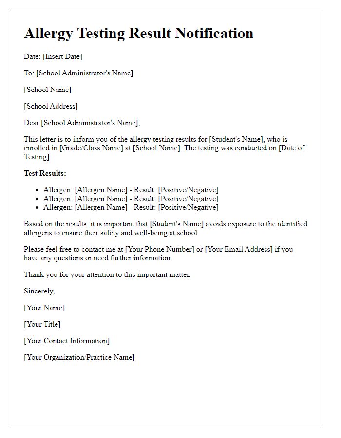 Letter template of allergy testing result notification for school administrators