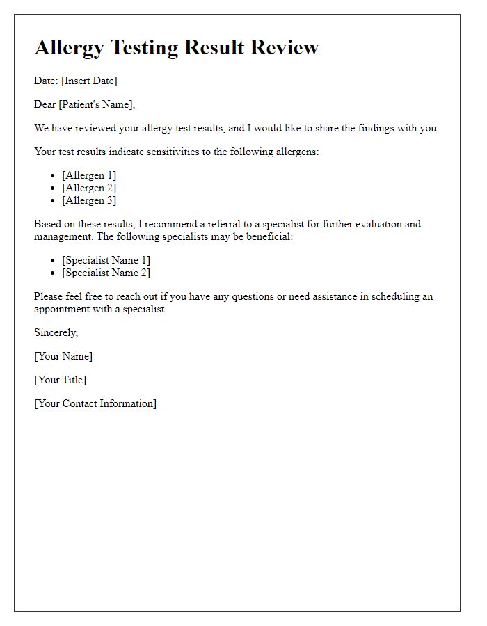 Letter template of allergy testing result review for specialist referrals