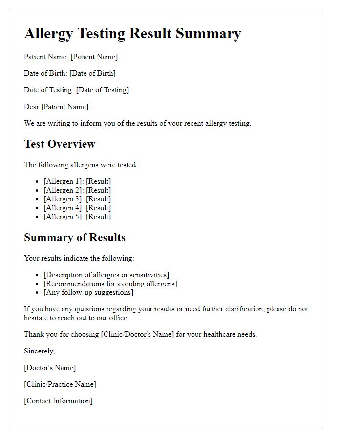 Letter template of allergy testing result summary for patients