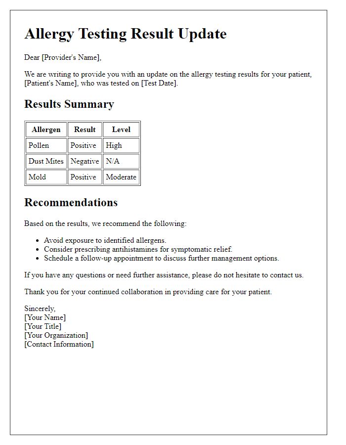 Letter template of allergy testing result update for healthcare providers