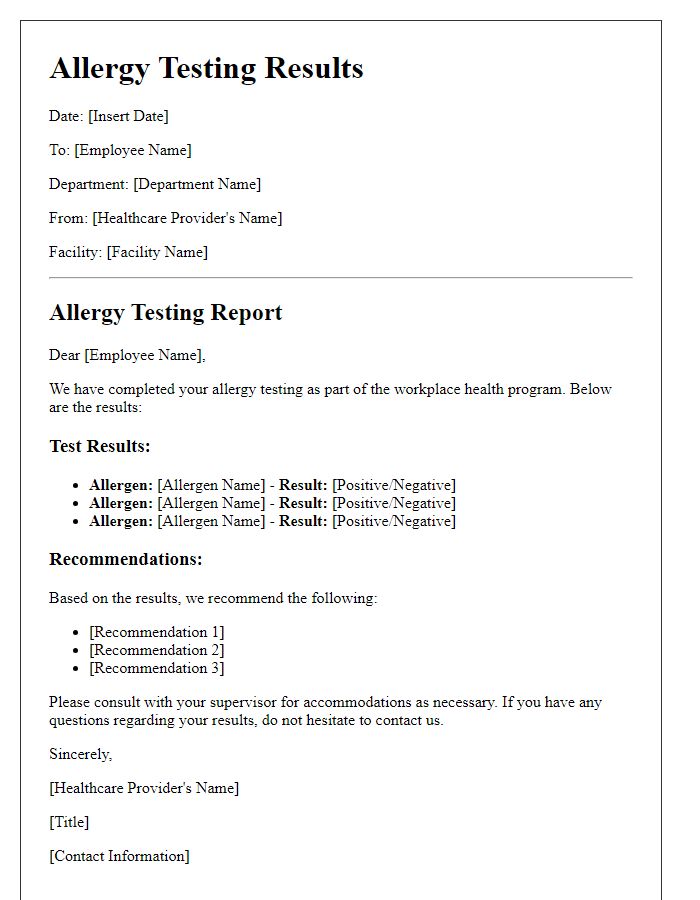 Letter template of allergy testing result for workplace health programs