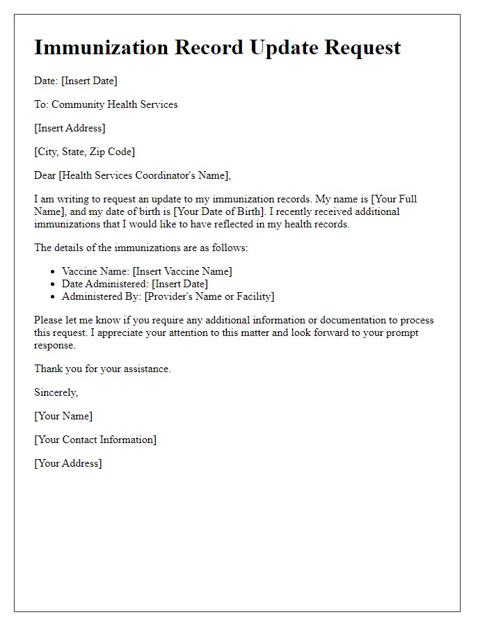 Letter template of immunization record update request for community health services.