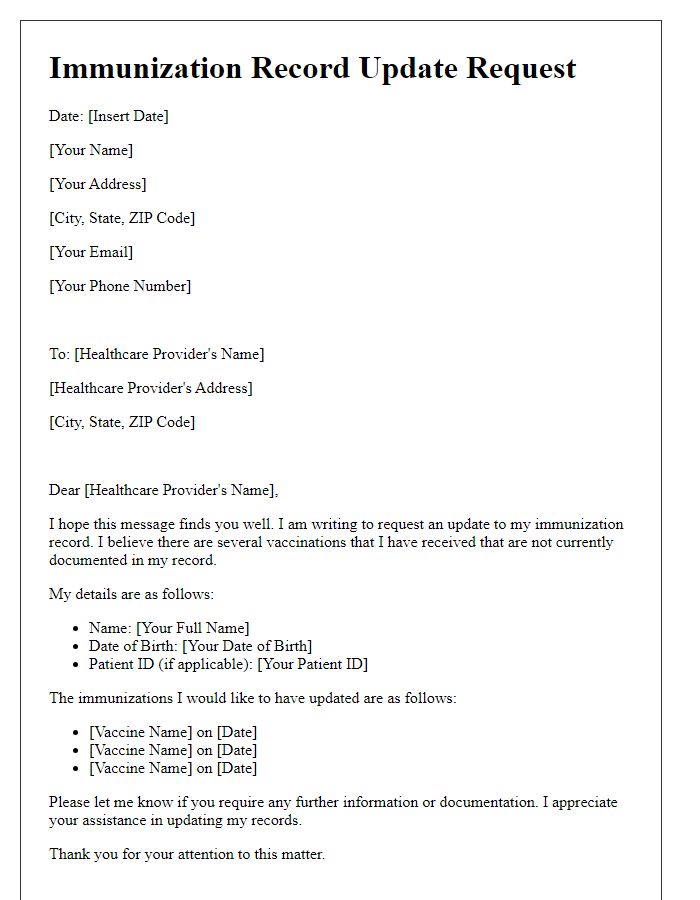 Letter template of immunization record update request for healthcare provider.