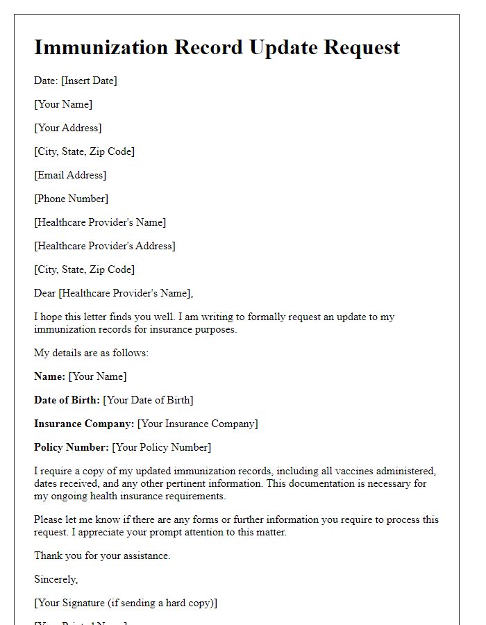 Letter template of immunization record update request for insurance purposes.