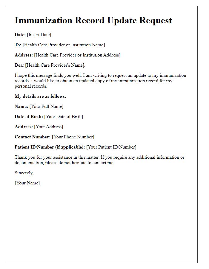 Letter template of immunization record update request for personal records.