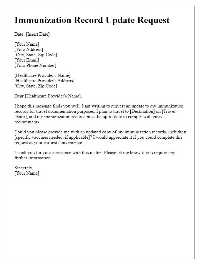 Letter template of immunization record update request for travel documentation.